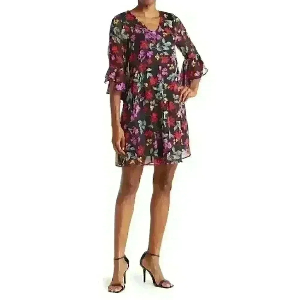 NEW! Calvin Klein Womens 6 V-Neck 3/4 Ruffle Sleeve Floral Chiffon Dress NWT $99